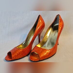 Crocodile/Alligator Embossed Orange Peep-Toe Heels
